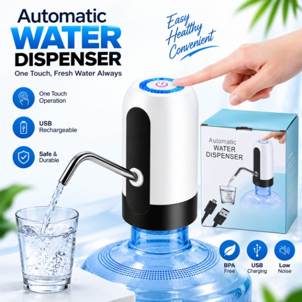 Rechargeable Electric Water Dispenser Pump – Universal Wireless Smart Drinking Water Bottle Pump with USB Charging, 360-Degree Rotation & One-Touch Operation