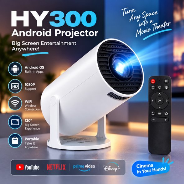 HY300 Android Smart Mini Projector – 720P Portable WiFi & Bluetooth Projector with 180° Rotation, Auto Keystone Correction, 130″ Screen & Built-in Apps