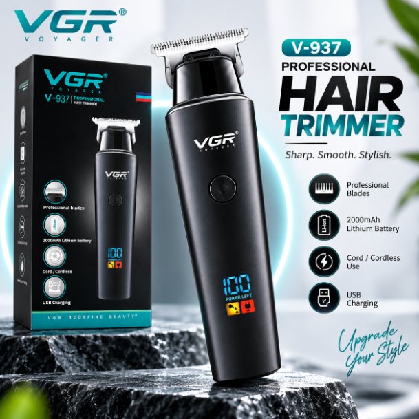 VGR V-937 Professional Cordless Hair & Beard Trimmer for Men – 500 Min Runtime, 2000mAh Battery, Smart LCD Display, Type-C & Zero Gap Stainless Steel Blade (Black)