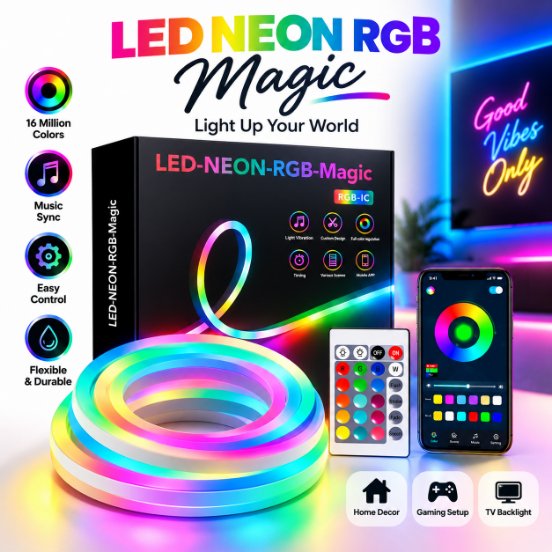 LED Neon RGB Magic Flexible Strip Light – App & IR Remote Controlled Smart Neon Rope Light with Music Sync, Timer & Dynamic Color Changing Features
