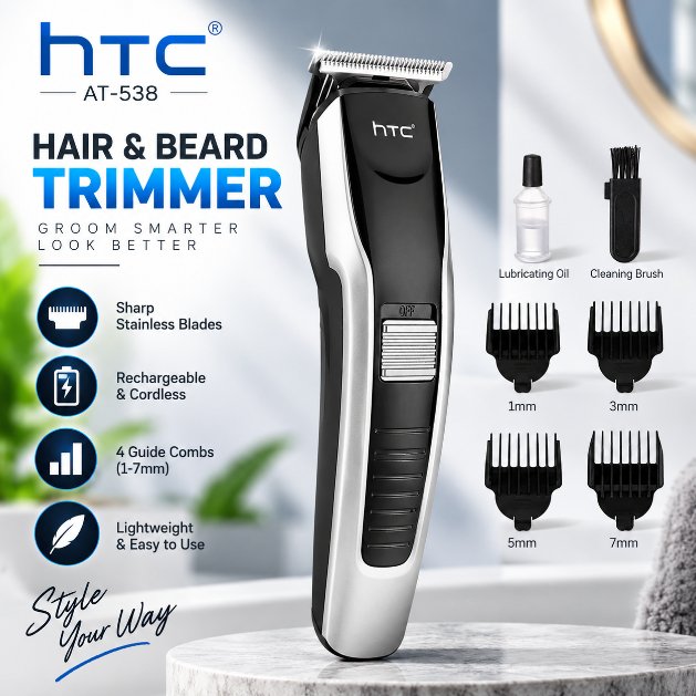 Original HTC AT-538 Rechargeable Hair & Beard Trimmer for Men – Cordless Grooming Kit with Dual Battery Support, 4 Guide Combs & Charging Indicator