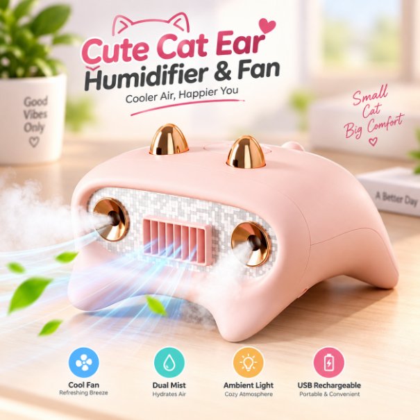 Cute Cat Ear Dual Spray Humidifier & Desktop Fan – Portable USB Rechargeable Air Cooling Mist Diffuser with Soft Ambient Light for Home & Office