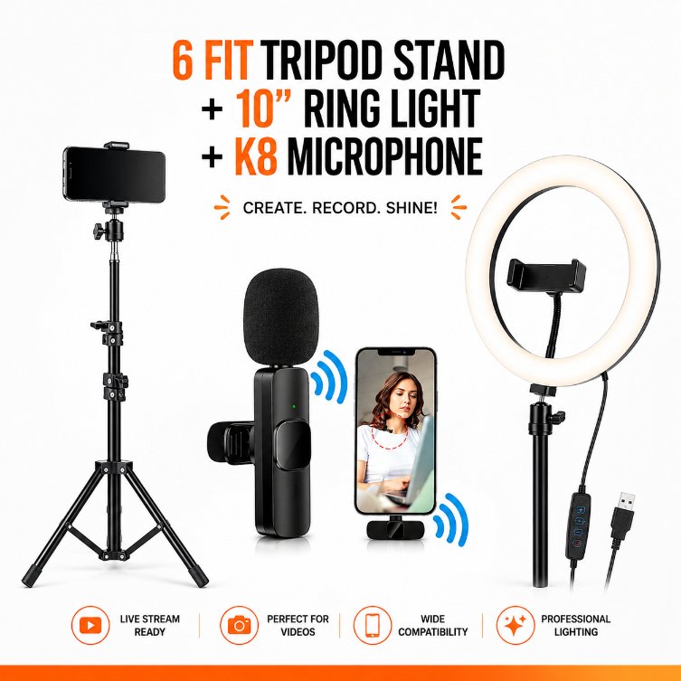 6 Ft Tripod Stand, 10″ LED Ring Light & K8 Wireless Microphone Combo – Professional Content Creation & Vlogging Kit with 65ft Range, Adjustable Stand & Phone Cradle
