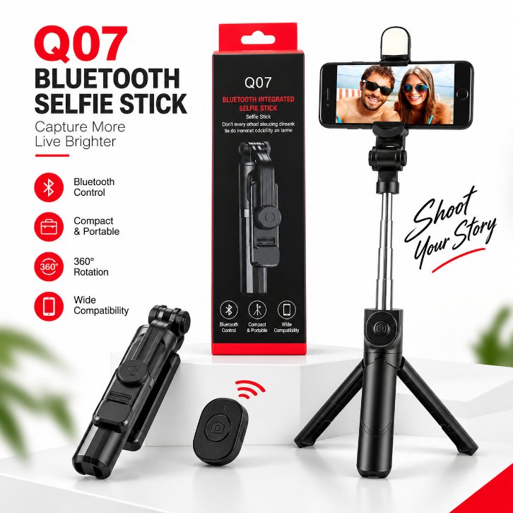 Q07 Foldable Mini Tripod & Bluetooth Selfie Stick – Extendable Portable Stand with LED Light & Wireless Remote Shutter for All Smartphones