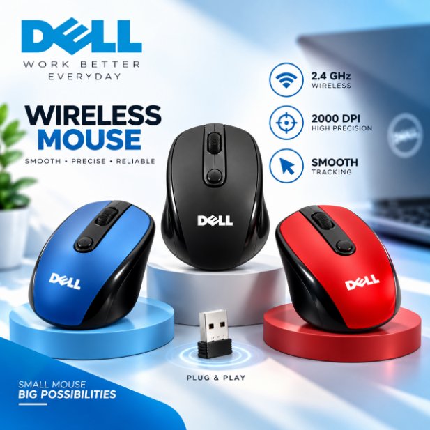 DELL Wireless Optical Mouse (2.4GHz, 2000 DPI) – Adjustable Cursor Speed, Ergonomic Comfort Grip, USB Nano Receiver, Power Switch & Wide System Compatibility