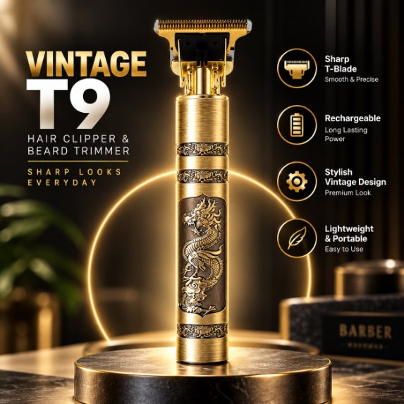 Rechargeable Vintage T9 Hair Clipper & Beard Trimmer – Cordless Stainless Steel Men’s Grooming Kit with USB Charging, 360-Degree Close Shave & 120-Min Battery Life
