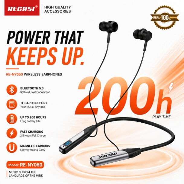 RE-NY060 Recrsi Wireless Neckband Bluetooth Earphone – Bluetooth 5.3 Headset with 200H Standby, 500mAh Battery, LED Display, TF Card Slot & Type-C Fast Charging