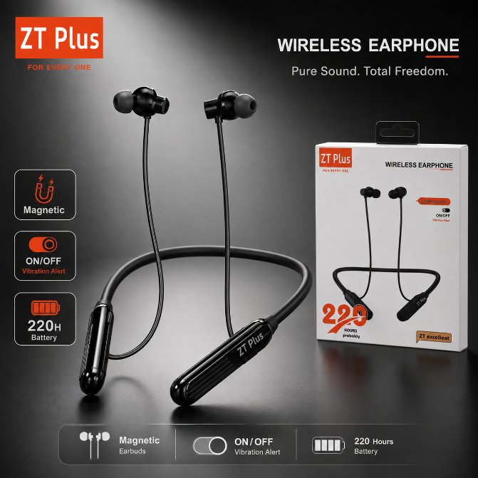 ZT Excellent Wireless Neckband Earphone – Bluetooth Headset with 220H Standby, Auto Power On/Off Detach Feature, Vibration Alert & Magnetic Earbuds