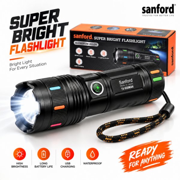 Sanford Super Bright White Laser LED Flashlight – Made in Japan High-Power Tactical Torch with 18650mAh Battery, Digital Display, Power Bank & Type-C Charging