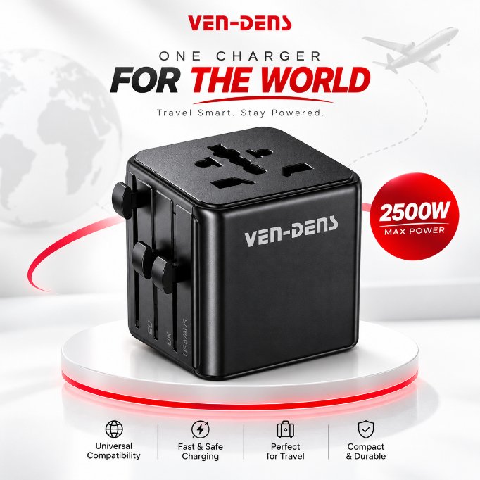 VEN-DENS 4-in-1 Universal Travel Adapter – 2500W Fast Charging All-in-One World Travel Plug with EU, AU, UK, US Pins & Child Safety Shutter