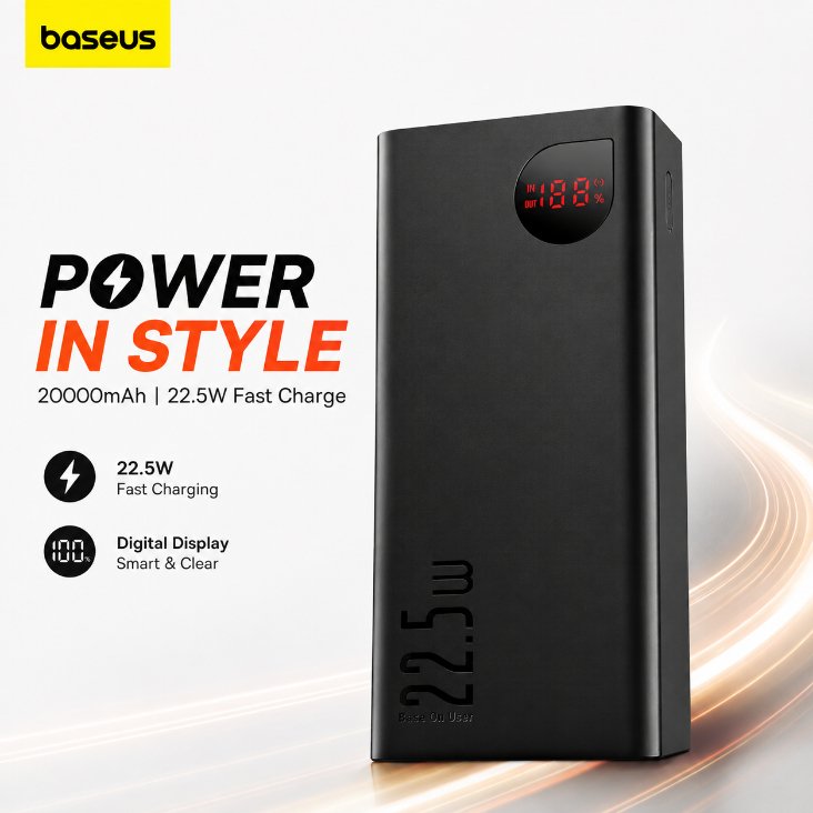 Baseus Adaman 20000mAh 22.5W Metal Power Bank – Fast Charging Portable Charger with Digital LED Display, Triple Ports & Aluminum Alloy Body (Black)