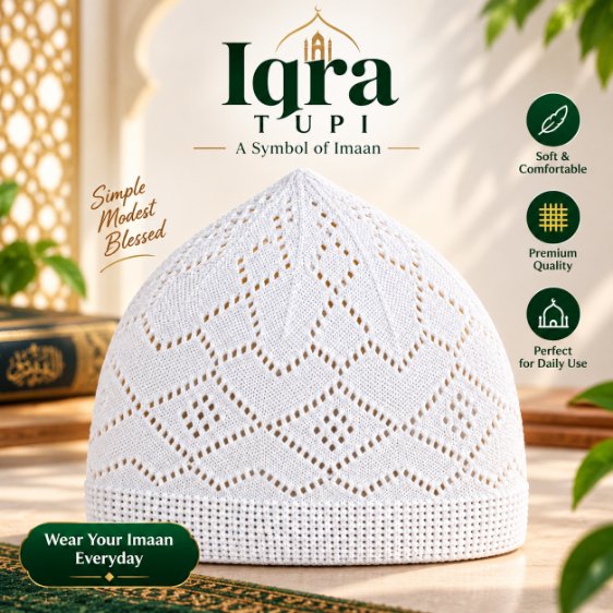 Premium Soft Cotton Turkish Iqra Tupi for Men – Lightweight Breathable One Size Fits All Islamic Prayer Cap with Fitted Classic Design & High-Quality Muslim Wear Comfort