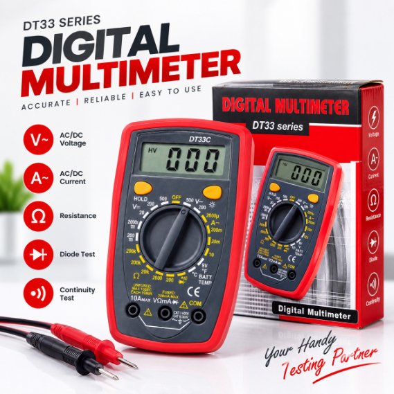Digital Multimeter DT33 Series (DT33B, DT33C, DT33D) – Compact Pocket Multitester with Backlight, DC/AC Voltage, Current, Resistance, Diode, Battery & Temperature Test