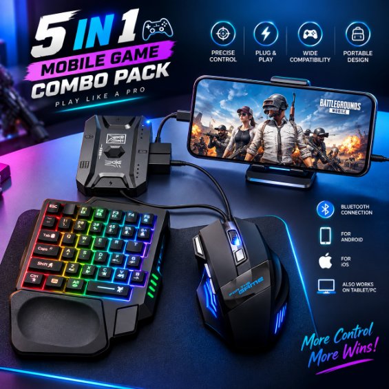 5-in-1 Mobile Gaming Combo Pack – Phone Stand, Keyboard & Mouse Converter Kit for Enhanced Precision, Ergonomic Comfort & Console-Like Mobile Gaming