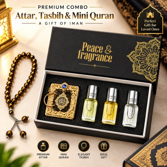 Premium Islamic Gift Combo – Tohuran Non-Alcoholic Attar Set (Classic, Amir-Al-Oud, Rasha, Soft), Crystal Tasbih & World’s Smallest Imported Pocket Mini Quran Sharif Gift Package