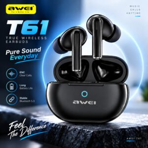 Awei T61 True Wireless Bluetooth 5.3 Earbuds – Dual ENC Mic Noise Cancellation (>35dB), 13mm Drivers, 6H Playtime, Touch Control & Low Latency Stereo Sound