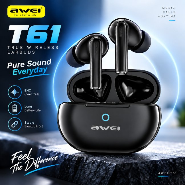 Awei T61 True Wireless Bluetooth 5.3 Earbuds – Dual ENC Mic Noise Cancellation (>35dB), 13mm Drivers, 6H Playtime, Touch Control & Low Latency Stereo Sound