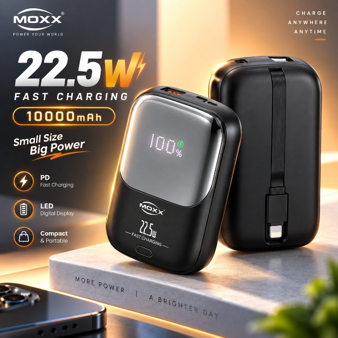 Moxx MP-02 22.5W PD & QC 10000mAh Fast Charging Power Bank – Dual Inputs (Micro & Type-C), Multi-Port Output, Smart LED Display & Compact Portable Design