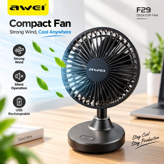 Awei F29 Compact Rechargeable Desktop Fan – 3600mAh Battery, 5.5-Inch 7-Blade Strong Airflow, 90° Auto Oscillation, Silent Brushless Motor & Type-C Charging