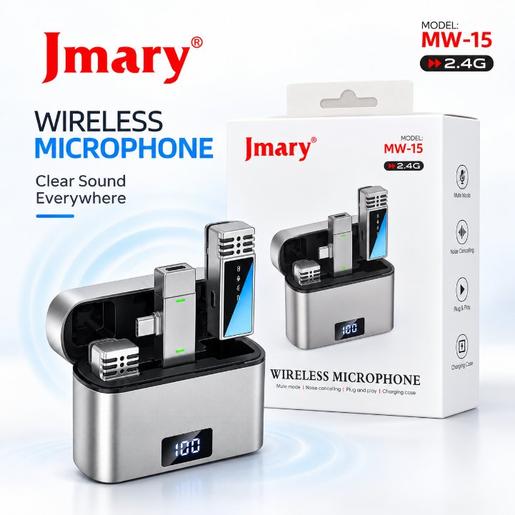 Jmary MW-15 2.4G Dual Wireless Lavalier Microphone – Type-C Plug & Play Mic with 48H Battery Charging Case, 20M Range & Low Latency for Mobile Vlogging & Interviews