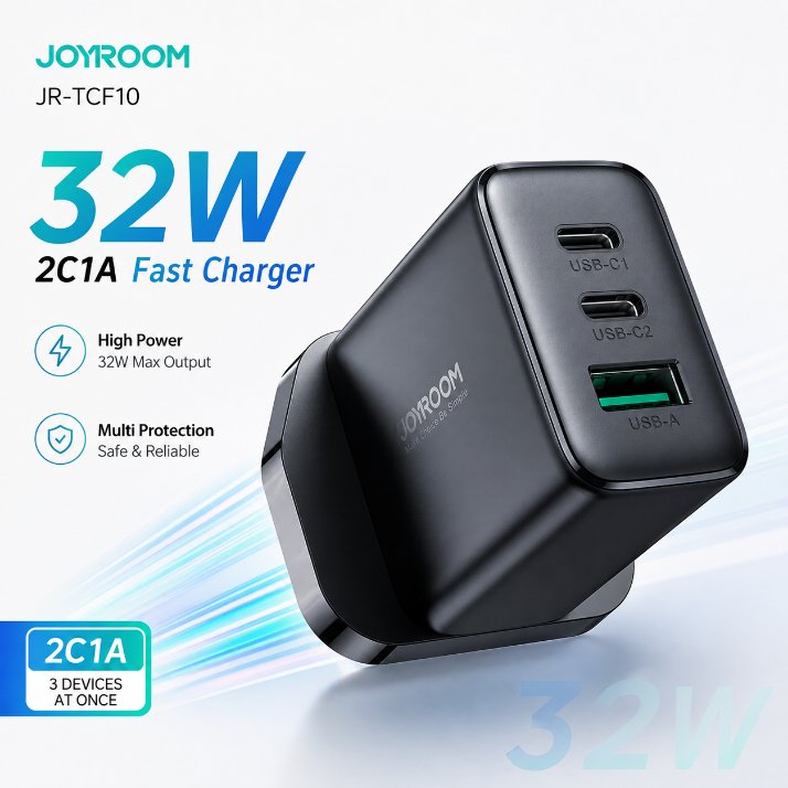 Joyroom JR-TCF10 32W Fast Charger – 2C1A Tri-Port Wall Adapter with Smart Charging Technology, Multi-Layer Safety Protection & Compact Design (Black)