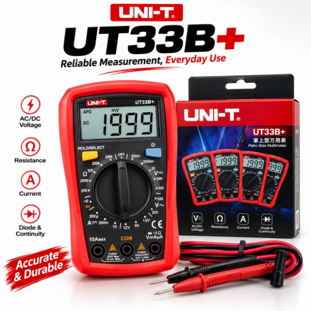 UNI-T UT33B+ Palm-Size Digital Multimeter – Entry-Level AC/DC Voltage, Resistance, Diode & Battery Tester with Clear LCD & CAT II 600V Safety