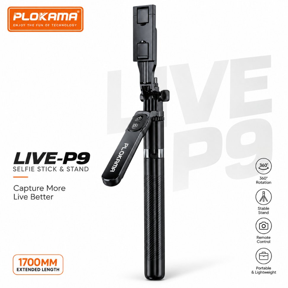 Plokama Live P9 Pro 4-in-1 Broadcast Stand – 6Ft Extendable Tripod with Rechargeable LED Light & Bluetooth Remote for Vlogging, Live Streaming & Content Creation