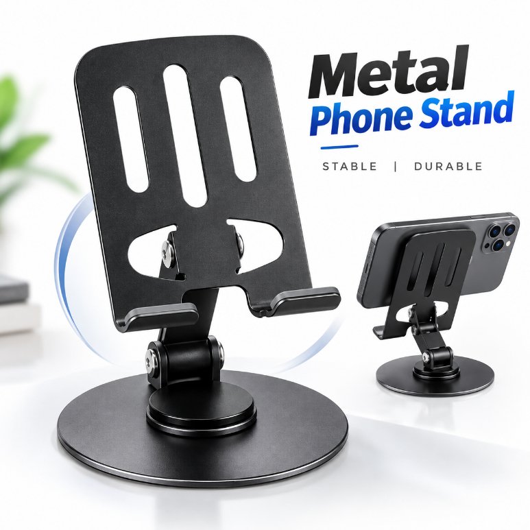 360° Rotatable Desktop Phone & Tablet Holder Stand – Foldable Aluminum Alloy Adjustable Mount with Anti-Slip Rubber Base for 4.7″ to 13″ Devices