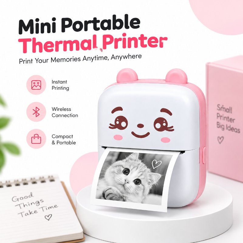 Mini Portable Thermal Printer – Inkless Wireless Bluetooth Sticker & Label Printer with High-Resolution Print, Rechargeable Battery & App Support for Android & iOS