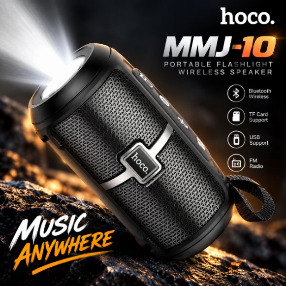 Hoco MMJ10 Portable Flashlight Wireless Bluetooth Speaker – Built-in LED Torch, 1200mAh Battery, TF, USB & FM Radio Support