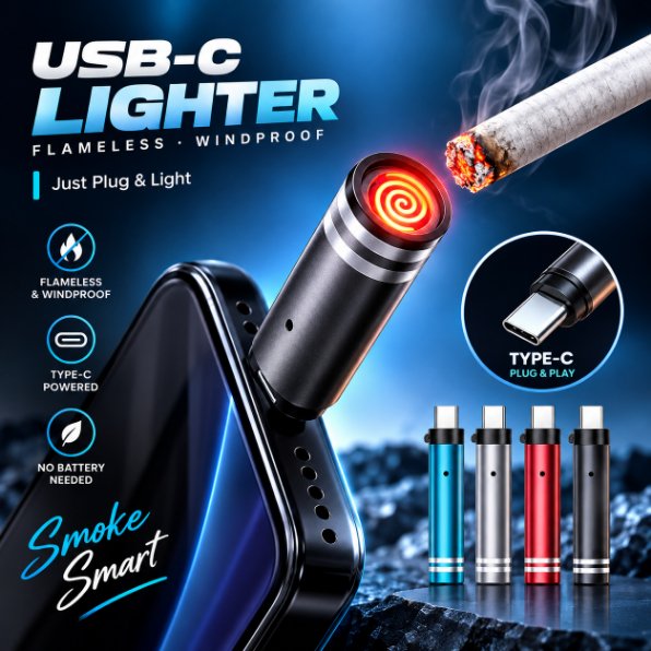 USB-C Mini Flameless Lighter (Tungsten Wire, Blow-to-Ignite) – Portable Windproof Electronic Lighter, Type-C Direct Plug-in & Auto Shut-Off Safety Design
