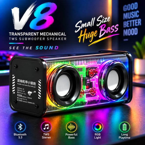 V8 Transparent Mechanical TWS Wireless Bluetooth Speaker – Futuristic See-Through Design, Subwoofer Stereo Sound, RGB LED Lights & 1800mAh Battery