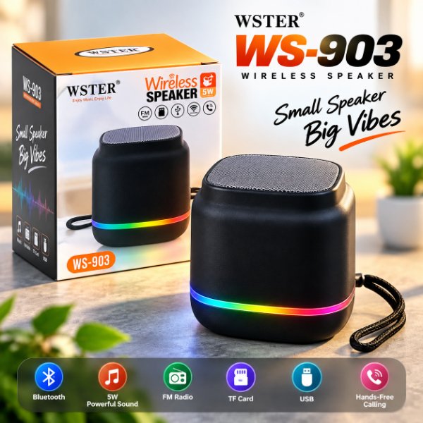 WSTER WS-903 Colorful Lighting Mini Wireless Speaker – 5W Portable Bluetooth Speaker with RGB LED Lights, 500mAh Battery & 3-6H Playtime