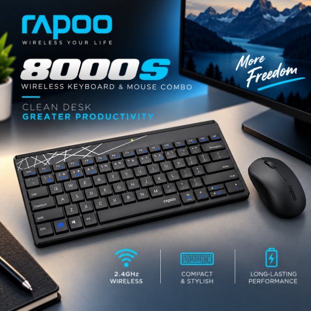 Rapoo 8000S Wireless Keyboard and Mouse Combo (Black) – 2.4GHz Stable Wireless, Spill-Resistant Design, 1000 DPI Optical Mouse, Long Battery Life & 2-Year Warranty