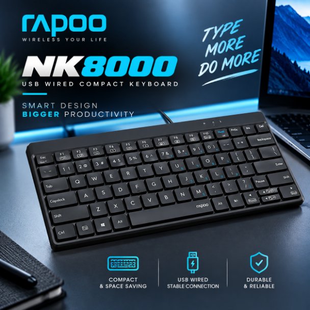 Rapoo NK8000 USB Wired Compact Keyboard (Black) – Space-Saving 80-Key Layout, Durable Laser-Carved Keycaps, FN Multimedia Hotkeys & 2-Year Warranty