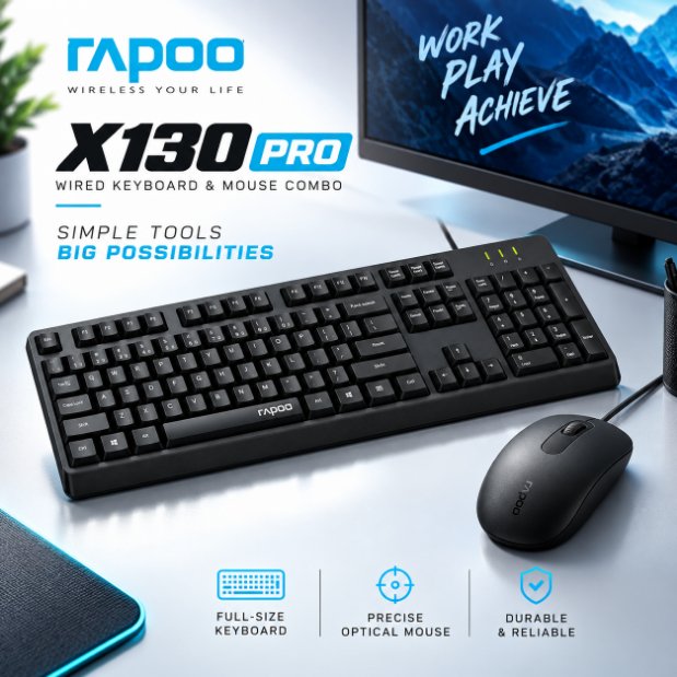 Rapoo X130 Pro Wired Keyboard and Mouse Combo (Black) – Full-Size Layout, High-Precision Optical Mouse, Plug-and-Play USB Connection & 2-Year Warranty
