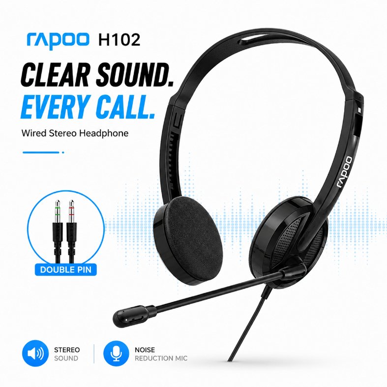 Rapoo H102 Wired Stereo Headphone (Black) – On-Ear Headset with Clear Stereo Sound, Flexible Rotary Microphone, Dual 3.5mm Audio Jacks & 1-Year Warranty