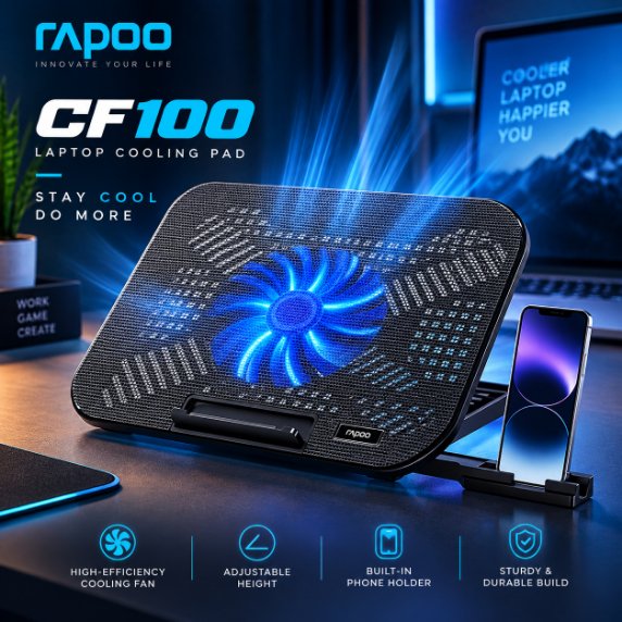 Rapoo CF100 High-Efficiency Laptop Cooling Pad (Black) – Powerful Airflow, 6 Adjustable Ergonomic Angles, Wide Compatibility & Durable Build for Gaming & Office Laptops