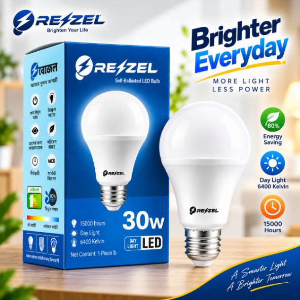 Rezzel Self-Ballasted LED Bulb 30W – High Power Energy Saving 6400K Cool White LED Light Bulb with 270° Beam Angle & 1 Year Warranty