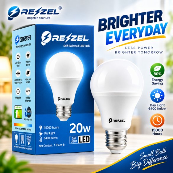Rezzel Self-Ballasted LED Bulb 20W – High Lumen Energy Saving 6400K Cool White LED Light Bulb with 270° Beam Angle & 1 Year Warranty
