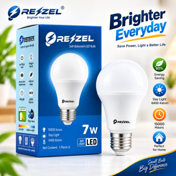 Rezzel Self-Ballasted LED Bulb 7W – Energy Saving 6400K Cool White LED Light Bulb with 270° Beam Angle, High Lumen Output & 1 Year Warranty