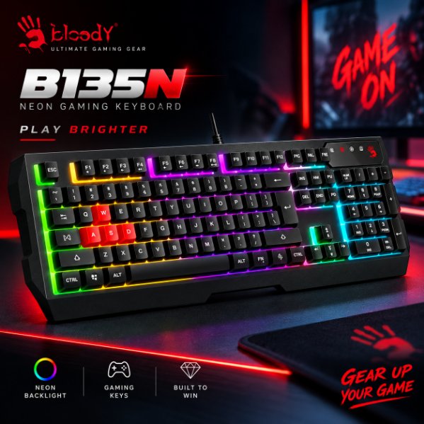 Bloody S510N Pudding Black Neon Gaming Keyboard – 1000Hz Polling Rate, 1ms Key Response, Adjustable Neon Backlit, Double Water-Resistant & Screw-Enhanced Space-Bar