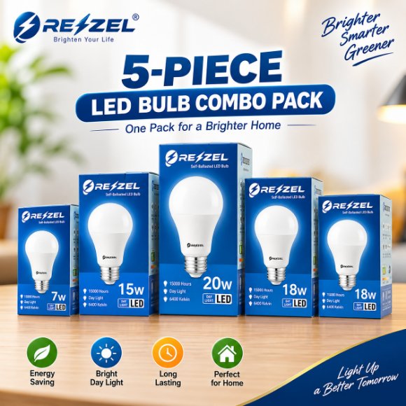 Rezzel LED Bulb 5-Piece Combo Pack (20W, 18W, 18W, 15W, 7W) – Energy Saving 6400K Cool White LED Bulbs with 270° Beam Angle, High Lumen Output & 1 Year Warranty