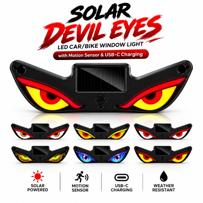 Solar & USB-C Devil Eyes LED Car/Bike Window Light – Smart Motion Sensor Warning & Ambient Styling Light with Dynamic Lighting Effects