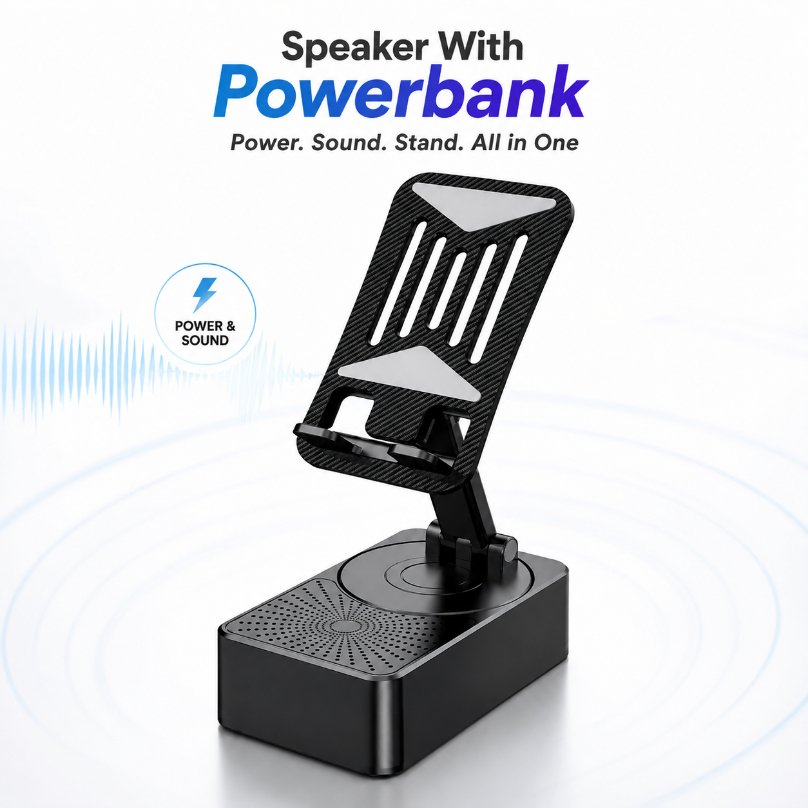 3-in-1 Foldable Mobile Phone Holder with Bluetooth Speaker – Adjustable Desktop Phone Stand, TWS 5.3 Audio, Power Bank & Portable Stand