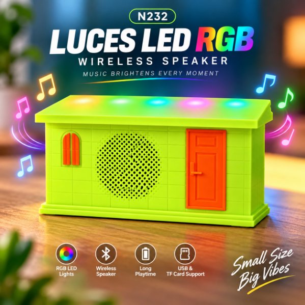 N232 LUCES LED RGB Wireless Speaker – Cute House-Shaped Portable Bluetooth Speaker with Dynamic Multi-Color Lights & Rechargeable Battery