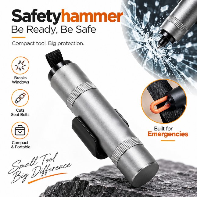 2-in-1 Car Emergency Safety Hammer – Spring-Loaded Tungsten Steel Window Glass Breaker & Concealed Seat Belt Cutter with 3M Mountable Base