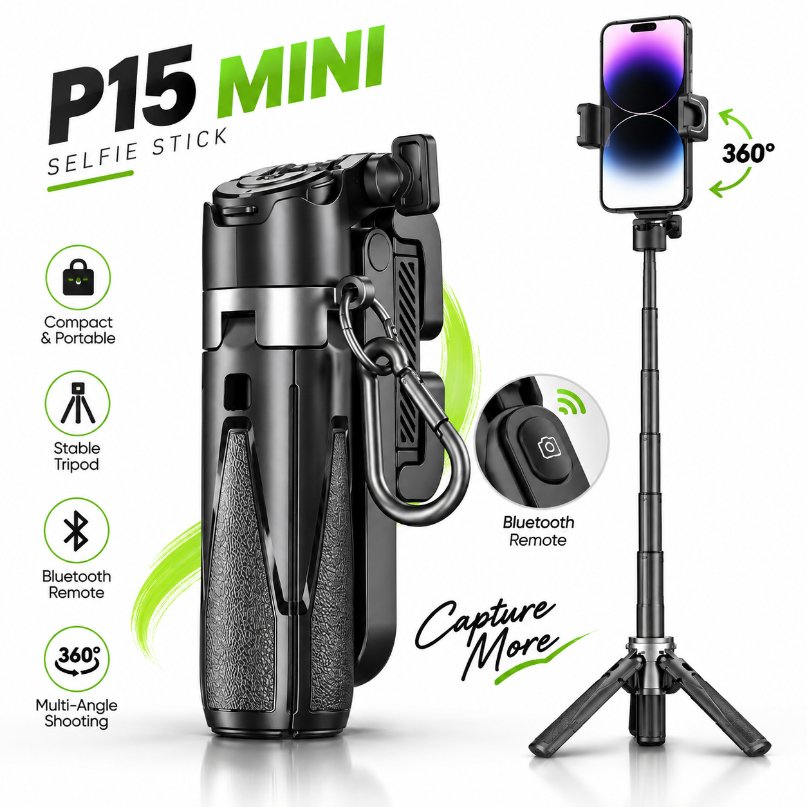 P15 Mini 3-in-1 Selfie Stick Tripod – Pocket-Sized Foldable Monopod with 4-Leg Quadripod Stand, 360° Rotation & Detachable Bluetooth Remote