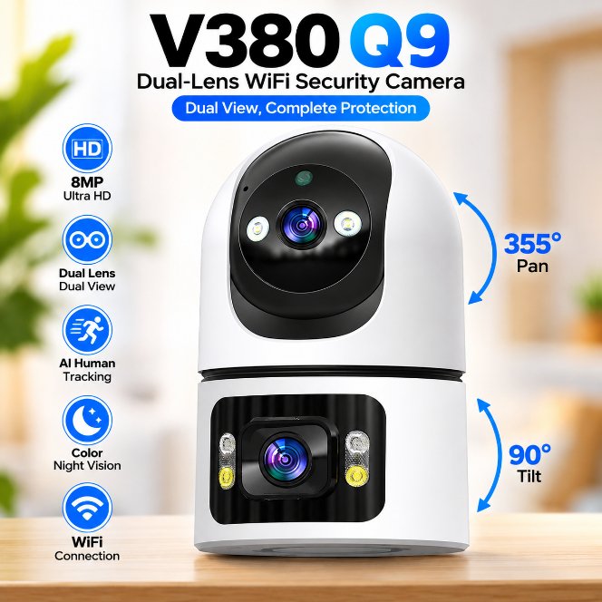Smart V380 Q9 Dual-Lens & Dual-Screen 8MP WiFi Home Security Camera – 1080P Wireless Indoor CCTV with PTZ, AI Human Tracking, Color Night Vision & Yoosee App Support
