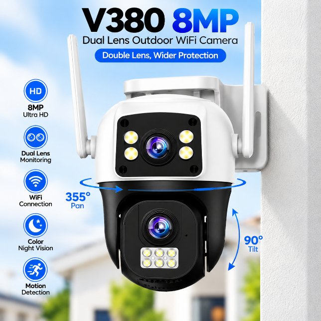 V380 Dual Lens 8MP Outdoor WiFi Security Camera – Bullet & PTZ Gun-Ball Linkage Camera with Human Motion Tracking, Night Vision, Two-Way Audio & IP66 Waterproof